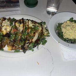 Jerk chicken tacos and potato salad