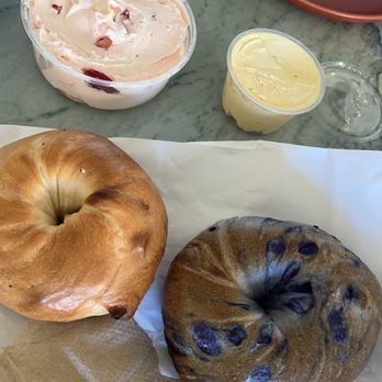 Bagel Pub - blueberry & plain bagels with strawberry and pumpkin cream cheese - Breakfast & Brunch Near Me - Brooklyn, New York