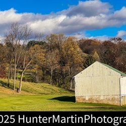 Galen Hall Golf & Country Club - A view of the approach shot on the par 5 12th hole, with the green tucked in next to a barn. Nov. 6, 2025