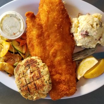 Dune Dog Cafe - Fish and chips with added crab cake. - American Near Me - Jupiter, Florida