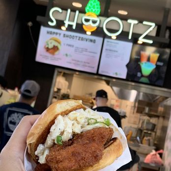 Shootz - Hot Kimchi Butter Katsu Burger is topped w Macaroni Salad is really good. Highly recommended w Refreshing Mint Peach Wave 09.24.22 - Hawaiian Near Me - Ontario, California