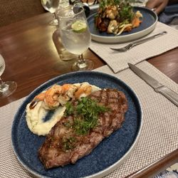 Don Luis - Ribeye with grilled shrimp and mashed potatoes.