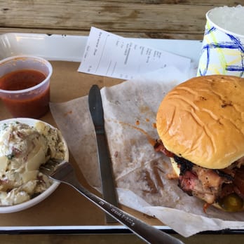 Stiles Switch BBQ & Brew - Top left: house BBQ sauce Bottom left: potato salad Bottom right: Burton's Diablo - Barbeque Near Me - Austin, Texas