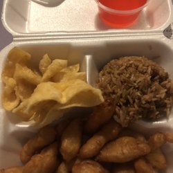 Ming Tree Garden - Crab Rangoons, fried rice, and sweet and sour chicken.