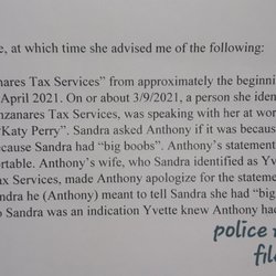 Manzanares Tax Service - Disgusted that owner allows this behavior. Made her filthy husband apologize. Apology not ok. This is Sexual harassment.