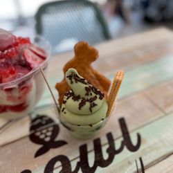 Snowl Cafe - Taiyaki in a cup with matcha ice cream, chocolate sprinkles and wafer