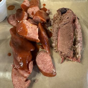 Hard Eight BBQ - 1/2 pound Sausage and 1/2 pound brisket (~$22 total) - Barbeque Near Me - The Colony, Texas Hard Eight BBQ - 1/2 pound Sausage and 1/2 pound brisket (~$22 total) - Barbeque Near Me - The Colony, Texas