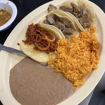 Tacos La Piedad - 3 Tacos Plate with rice and beans. Al Pastor, Lengua, and Buche. - Tacos Near Me - Riverside, California