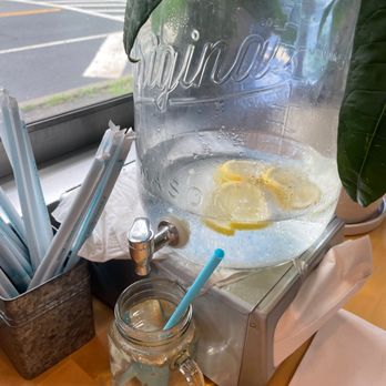 The Hidden Chickpea - a drink dispenser with lemon slices - Vegetarian Near Me - Madison, New Jersey