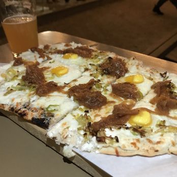 Kardinal Hall - Fall special- some sort of flatbread with quail eggs + caramelized onions- delish - Beer Gardens Near Me - Charlottesville, Virginia