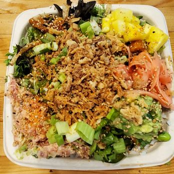 The Poké Company - Spicy salmon, salmon, crispy onions, ginger, greens, rice, scallions, edamame, pineapple and more. - Poke Near Me - Boca Raton, Florida The Poké Company - Spicy salmon, salmon, crispy onions, ginger, greens, rice, scallions, edamame, pineapple and more. - Poke Near Me - Boca Raton, Florida