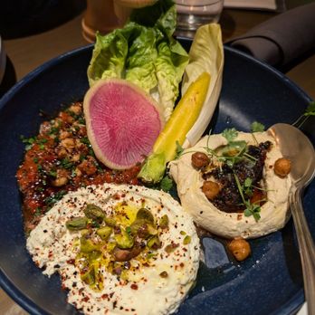 Aba - Sample of Hummus, Whipped Feta, and Muhammara - Mediterranean Near Me - Austin, Texas