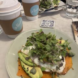 Cafe Latte(Oatmilk), Avocado Toast, Salmon Brioche Cafe Latte(Oatmilk), Avocado Toast, Salmon Brioche