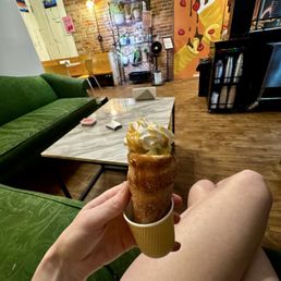 Cone thingy with apples, cinnamon sugar, caramel and whipped cream! Cone thingy with apples, cinnamon sugar, caramel and whipped cream!