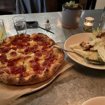 Pizza Barbone - The pepperoni & hot honey pizza (left) and the Cesar Romaine salad (right) - Pizza Near Me - Hyannis, Massachusetts Pizza Barbone - The pepperoni & hot honey pizza (left) and the Cesar Romaine salad (right) - Pizza Near Me - Hyannis, Massachusetts