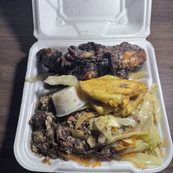 Jahiti Caribbean Restaurant - Jerk Chicken, Rice and Peas, Stewed vegetables (primarily cabbage) and plantains. - Caribbean Near Me - Seffner, Florida Jahiti Caribbean Restaurant - Jerk Chicken, Rice and Peas, Stewed vegetables (primarily cabbage) and plantains. - Caribbean Near Me - Seffner, Florida