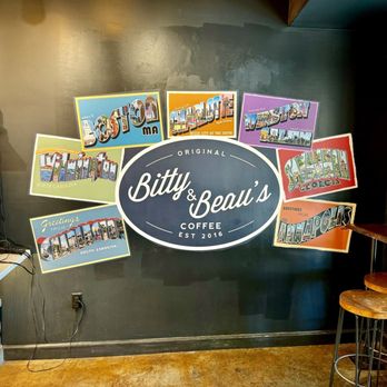 Bitty & Beau's Coffee - Interior wall with beautiful postcard artwork showing all their current locations. - Coffee & Tea Near Me - Charleston, South Carolina Bitty & Beau's Coffee - Interior wall with beautiful postcard artwork showing all their current locations. - Coffee & Tea Near Me - Charleston, South Carolina