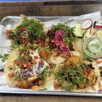 Taco Naco Kc - Top left: Carne Asada Chimichurri Bottom left: Tecate® Fried Fish Top right: Brisket Barbacoa Bottom right: Baja Shrimp Chorizo - Tacos Near Me - Overland Park, Kansas