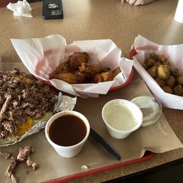 Chopped Beef baked potato, mango habanero wings, and fried okra Chopped Beef baked potato, mango habanero wings, and fried okra