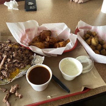 Rackshack BBQ & Wings - Chopped Beef baked potato, mango habanero wings, and fried okra - Chicken Wings Near Me - Houston, Texas Rackshack BBQ & Wings - Chopped Beef baked potato, mango habanero wings, and fried okra - Chicken Wings Near Me - Houston, Texas