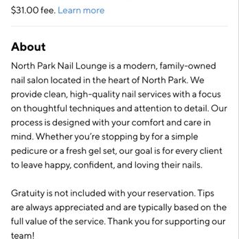 North Park Nail Lounge - Here are their policies. Nothing in there that states $65 worth of charging. - Nail Salons Near Me - San Diego, California North Park Nail Lounge - Here are their policies. Nothing in there that states $65 worth of charging. - Nail Salons Near Me - San Diego, California