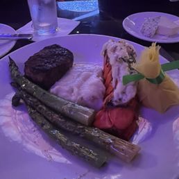 Steak, lobster, asparagus and mashed potatoes Steak, lobster, asparagus and mashed potatoes