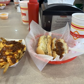 Brighton Hot Dog Shoppe - My order today. Two dogs, one with kraut and mustard, one with everything. Small chili cheese fry. - Hot Dogs Near Me - Mars, Pennsylvania