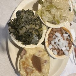 Western Charcoal Steak House - Collard's mashed potatoes stewed cabbage and pintos