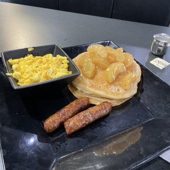 Annie's Southern Kitchen - Pancakes with apple topping, turkey sausage, cheese eggs. - Breakfast & Brunch Near Me - Indian Head, Maryland
