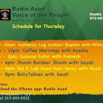 Radio Azad - Program Schedule for Thursday - Radio Stations Near Me - Irving, Texas Radio Azad - Program Schedule for Thursday - Radio Stations Near Me - Irving, Texas