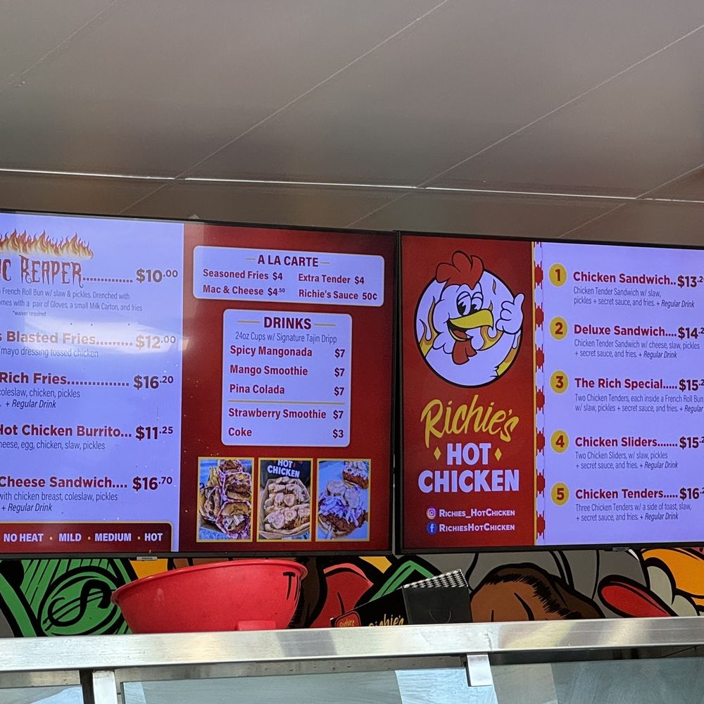 Richie’s Hot Chicken - Menu. They also have a chicken wing menu! - Chicken Shop Near Me - West Covina, California Richie’s Hot Chicken - Menu. They also have a chicken wing menu! - Chicken Shop Near Me - West Covina, California