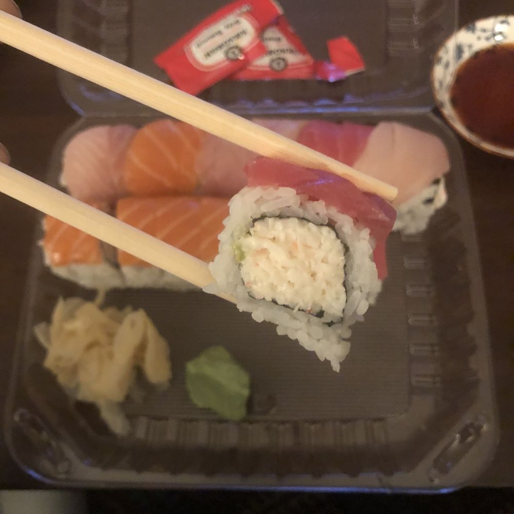 Daiki Sushi - Rainbow Roll and Sunset Roll. Basically no avocado inside. Just awful. - Japanese Near Me - San Mateo, California