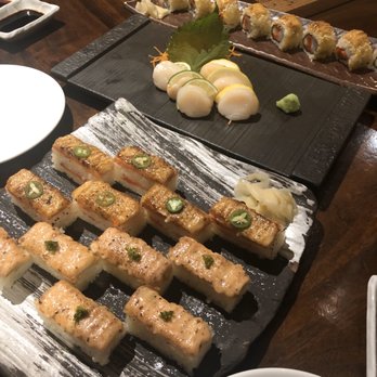 Minami - Champagne Roll, Scallop Sashimi, Salmon and Ebi Oshi - Japanese Near Me - Vancouver, British Columbia Minami - Champagne Roll, Scallop Sashimi, Salmon and Ebi Oshi - Japanese Near Me - Vancouver, British Columbia