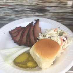 Walt Garrison BBQ Food Truck - Brisket plate with cole slaw (pre BBQ sauce)