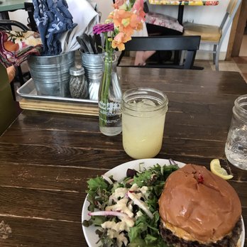 The Root Cafe - Pimento cheese burger (daily special) and ginger lemonade - Cafes Near Me - Little Rock, Arkansas