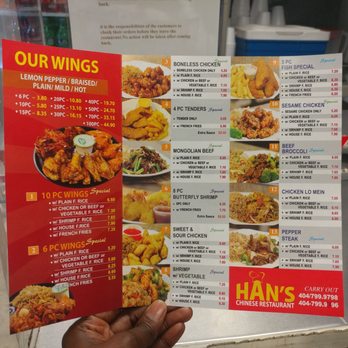 Hans - a hand holding a menu for a restaurant - Chinese Near Me - Atlanta, Georgia