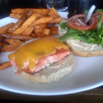 The Tipper Restaurant - salmon burger with yam fries and chipotle mayo. - Burgers Near Me - Vancouver, British Columbia The Tipper Restaurant - salmon burger with yam fries and chipotle mayo. - Burgers Near Me - Vancouver, British Columbia