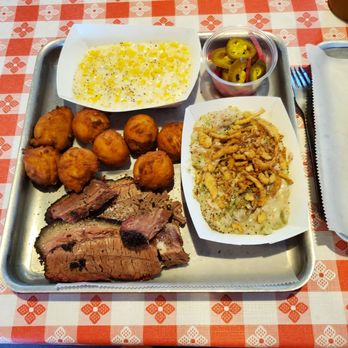 Hugh’s Q - Brisket, green bean casserole, creamed corn,  and hushpuppies - Barbeque Near Me - Hickory, North Carolina