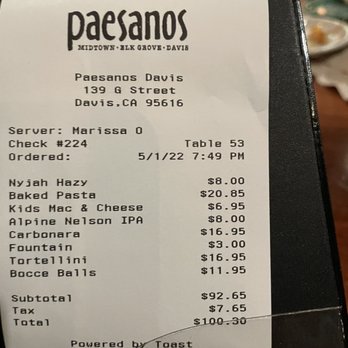 Paesanos - Bill - Italian Near Me - Davis, California
