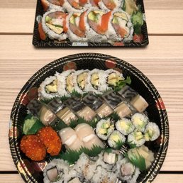 Avocado roll, yam roll, negi saba shiso roll, ebi battera, ikura and scallop nigiri Avocado roll, yam roll, negi saba shiso roll, ebi battera, ikura and scallop nigiri