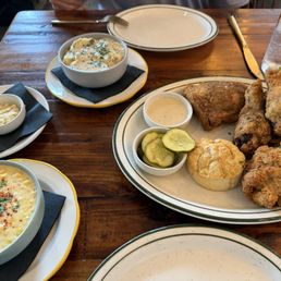 Southern Fried Chicken, side of creamed corn and red mashed potatoes Southern Fried Chicken, side of creamed corn and red mashed potatoes
