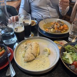 Paul Geaney's Bar & Restaurant - Hake in a fabulous herb sauce and lamb and Guinness stew, salad - soooo good!