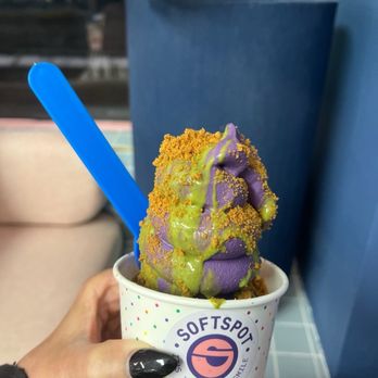 Softspot - Ube ice cream soft serve with Pistachio drizzle and Biscoff cookie crumble - Desserts Near Me - Chantilly, Virginia Softspot - Ube ice cream soft serve with Pistachio drizzle and Biscoff cookie crumble - Desserts Near Me - Chantilly, Virginia