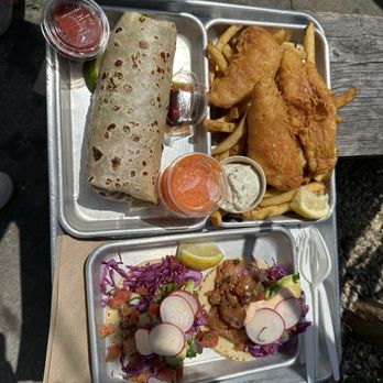 Hook Fish - Fish Burrito (top left), Fish and Chips (top right), Poke Tacos (bottom) - Seafood Near Me - San Francisco, California Hook Fish - Fish Burrito (top left), Fish and Chips (top right), Poke Tacos (bottom) - Seafood Near Me - San Francisco, California