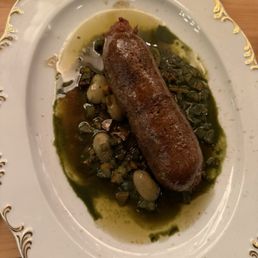 SAUCISSE AU MYRTE HERBED SAUSAGE, WILD NETTLE FRICOT, FLAMBADOU
