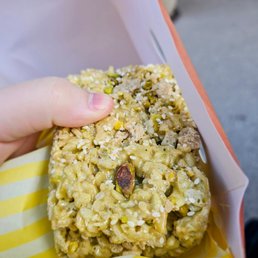 Pistachio Halva Rice Krispie Treat (or Crispy Treat as per menu.) $7.50. Large and tasty. Very lightly sweet Pistachio Halva Rice Krispie Treat (or Crispy Treat as per menu.) $7.50. Large and tasty. Very lightly sweet