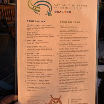 Captains Quarters Riverside Grille - The only menu - Seafood Near Me - Prospect, Kentucky