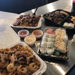 Quickway Japanese Hibachi - Shrimp and chicken combo w/ noodles, sushi, and bento box