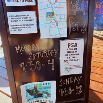 Fresh Pots - Sign with helpful information and an introduction to their sweet kitty Cortado - Coffee & Tea Near Me - Greenwood, Indiana