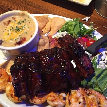 Fronk's - Shrimp rib platter with blue garden salad and potato soup. - Burgers Near Me - Bellflower, California Fronk's - Shrimp rib platter with blue garden salad and potato soup. - Burgers Near Me - Bellflower, California